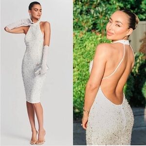 RETROFETE Hand Stitched Crystal‎ & Sequin Sleeveless Halter Open Back Dress S